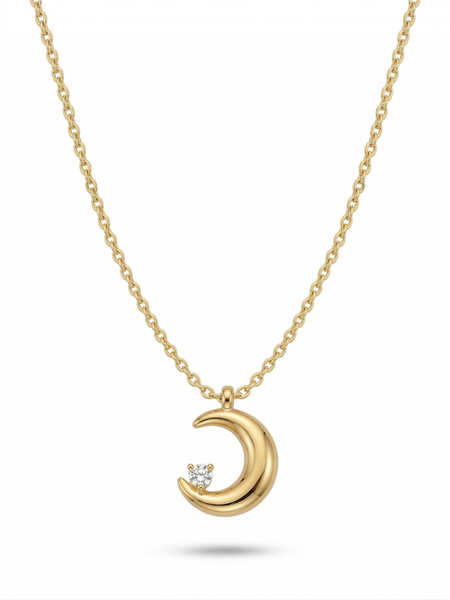 Anti-tarnish 18K gold-plated crystal crescent moon pendant necklace.