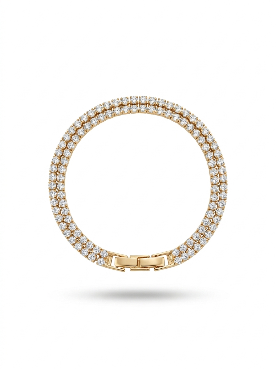 Anti-tarnish 18K gold-plated double row eternity tennis bracelet.