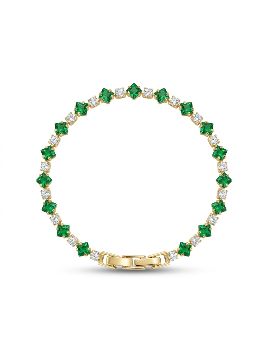 Anti-tarnish 18K gold-plated green stone tennis bracelet.
