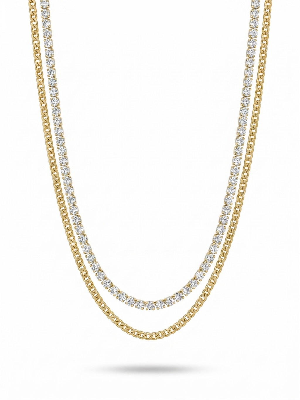 Anti-tarnish 18K gold-plated layered tennis and curb chain necklace.