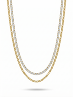 Anti-tarnish 18K gold-plated layered tennis and curb chain necklace.