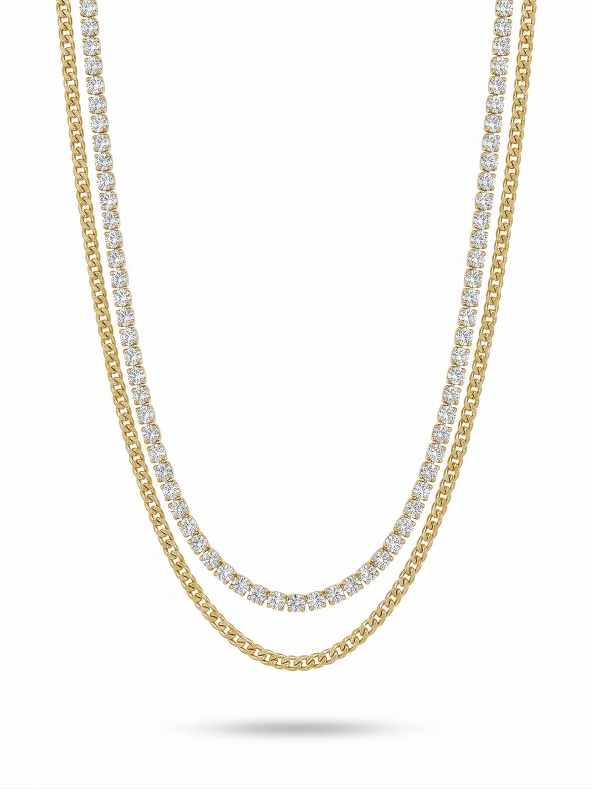 Anti-tarnish 18K gold-plated layered tennis and curb chain necklace.