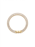Anti-tarnish 18K gold-plated linear tennis bracelet.