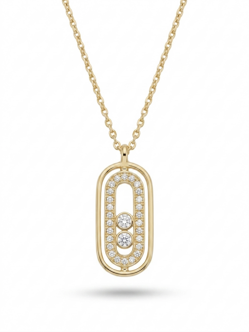 Anti-tarnish 18K gold-plated moving crystal oval pendant necklace.