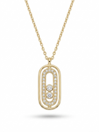 Anti-tarnish 18K gold-plated moving crystal oval pendant necklace.