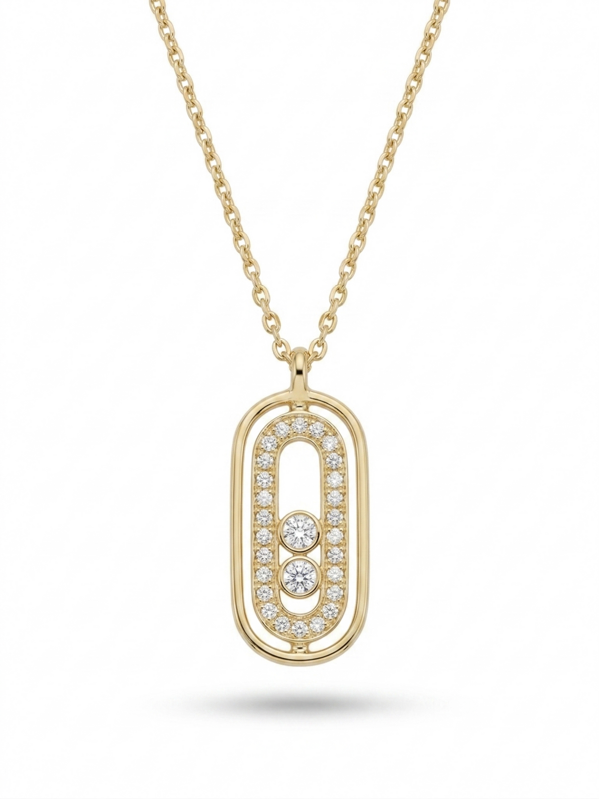 Anti-tarnish 18K gold-plated moving crystal oval pendant necklace.
