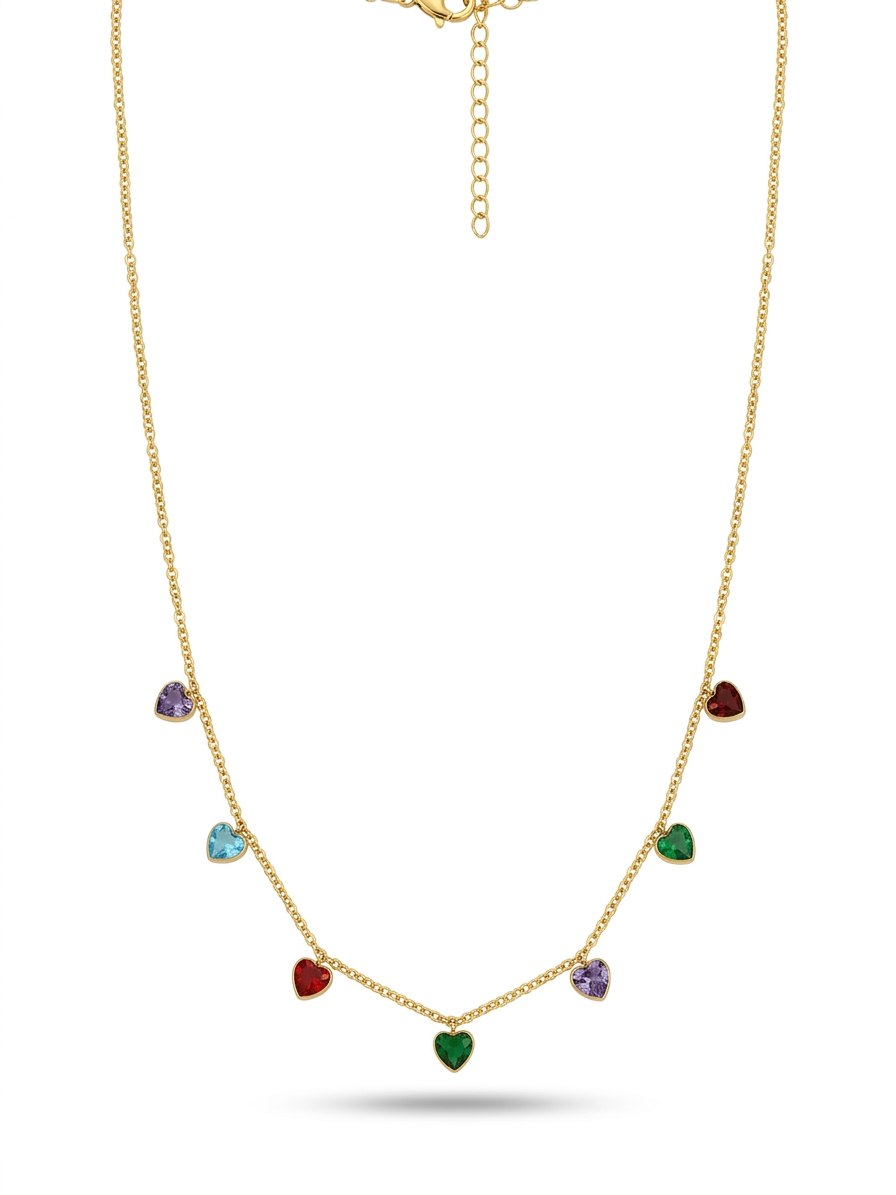 Anti-tarnish 18K gold-plated multi-color crystal heart charm necklace.
