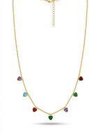 Anti-tarnish 18K gold-plated multi-color crystal heart charm necklace.