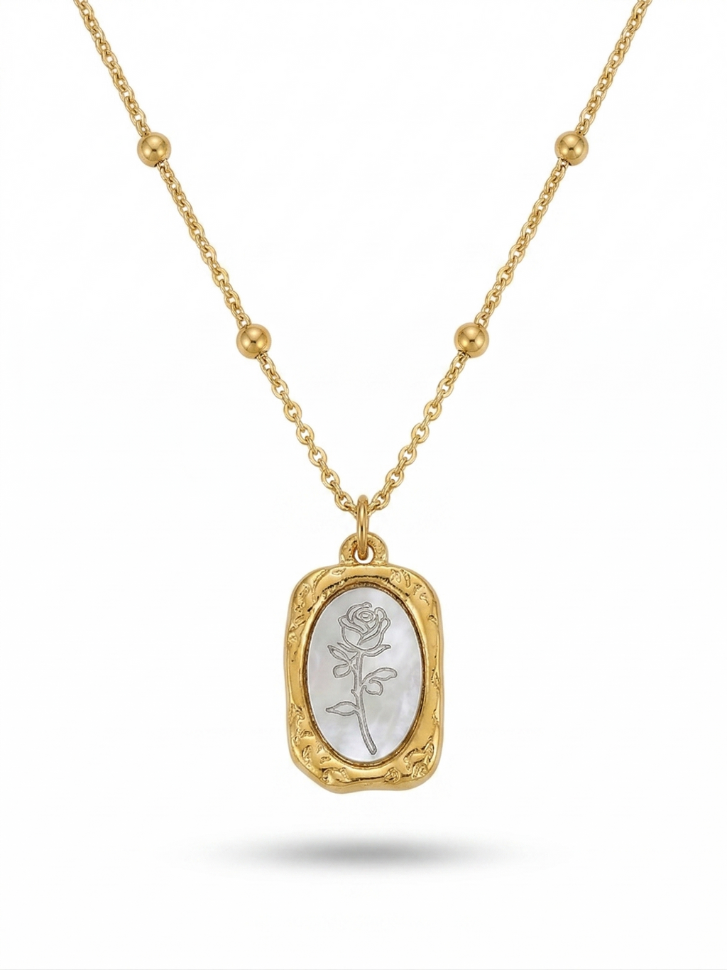 Anti-tarnish 18K gold-plated vintage rose medallion satellite necklace.