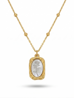 Anti-tarnish 18K gold-plated vintage rose medallion satellite necklace.
