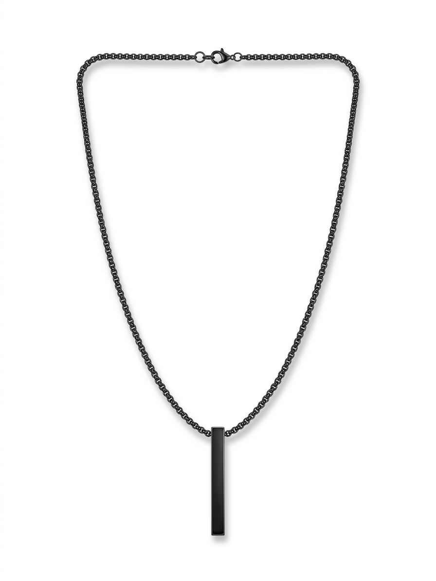 Anti-tarnish matte black vertical bar pendant necklace for men.