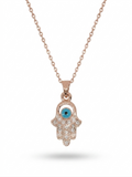 Anti-tarnish rose gold-plated Hamsa hand evil eye pendant necklace.