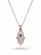 Anti-tarnish rose gold-plated Hamsa hand evil eye pendant necklace.
