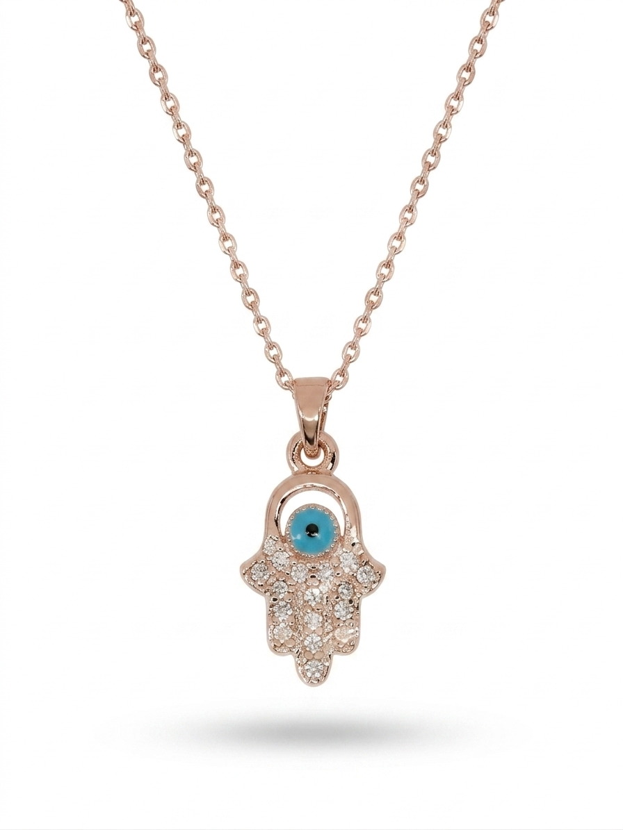 Anti-tarnish rose gold-plated Hamsa hand evil eye pendant necklace.