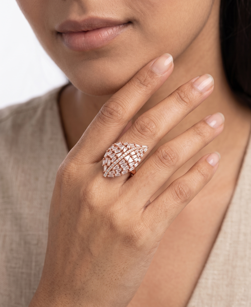 Anti-tarnish rose gold-plated baguette crystal leaf statement ring for women.