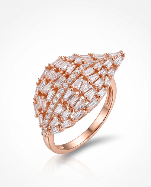 Anti-tarnish rose gold-plated baguette crystal leaf statement ring for women.