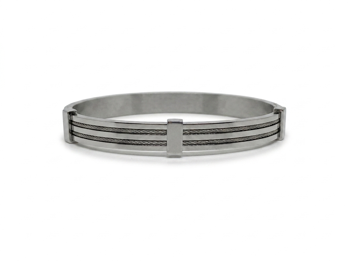 Anti-tarnish silver cable-textured kada bracelet.