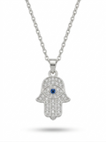 Anti-tarnish silver pavé Hamsa hand evil eye pendant necklace.