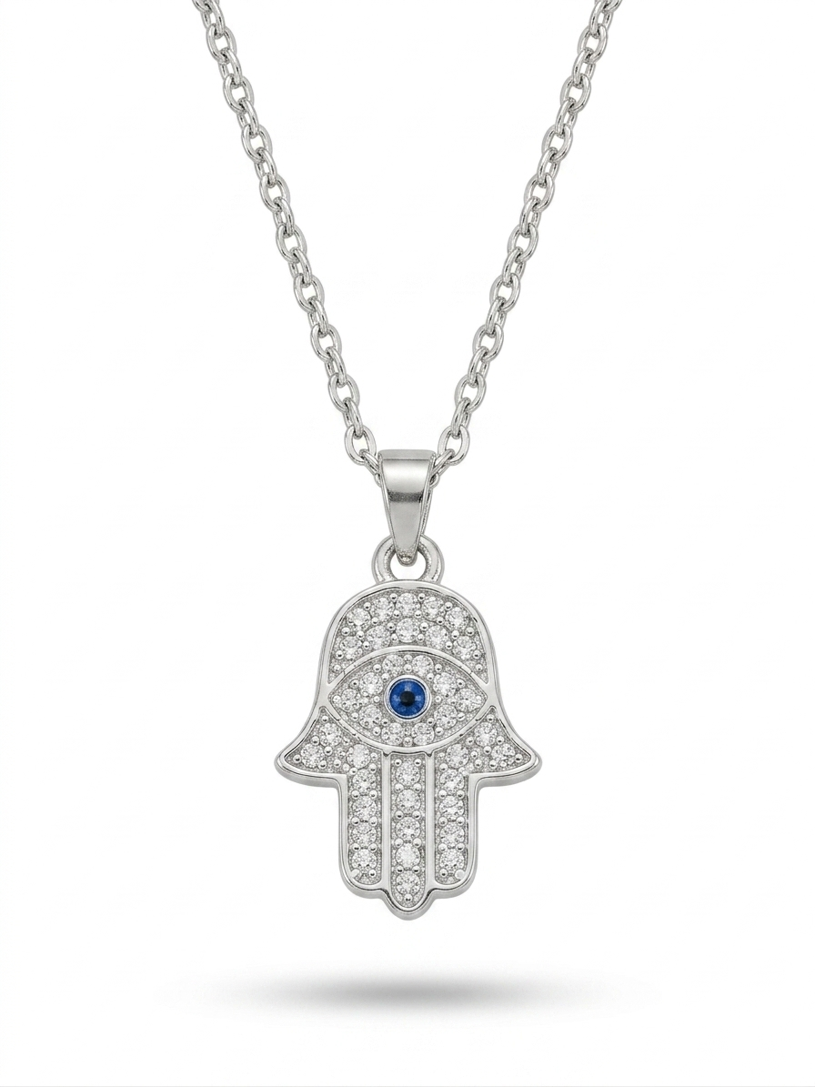 Anti-tarnish silver pavé Hamsa hand evil eye pendant necklace.