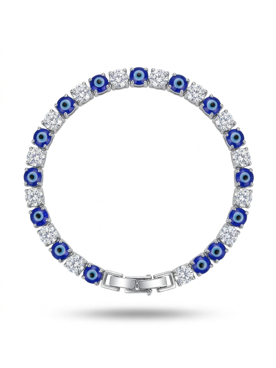 Anti-tarnish silver tennis bracelet with deep blue stones.
