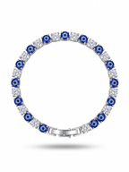 Anti-tarnish silver tennis bracelet with deep blue stones.