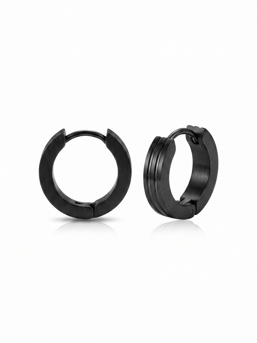 Apex Stealth Linear Huggies - pair of matte black linear-textured huggie hoop earrings