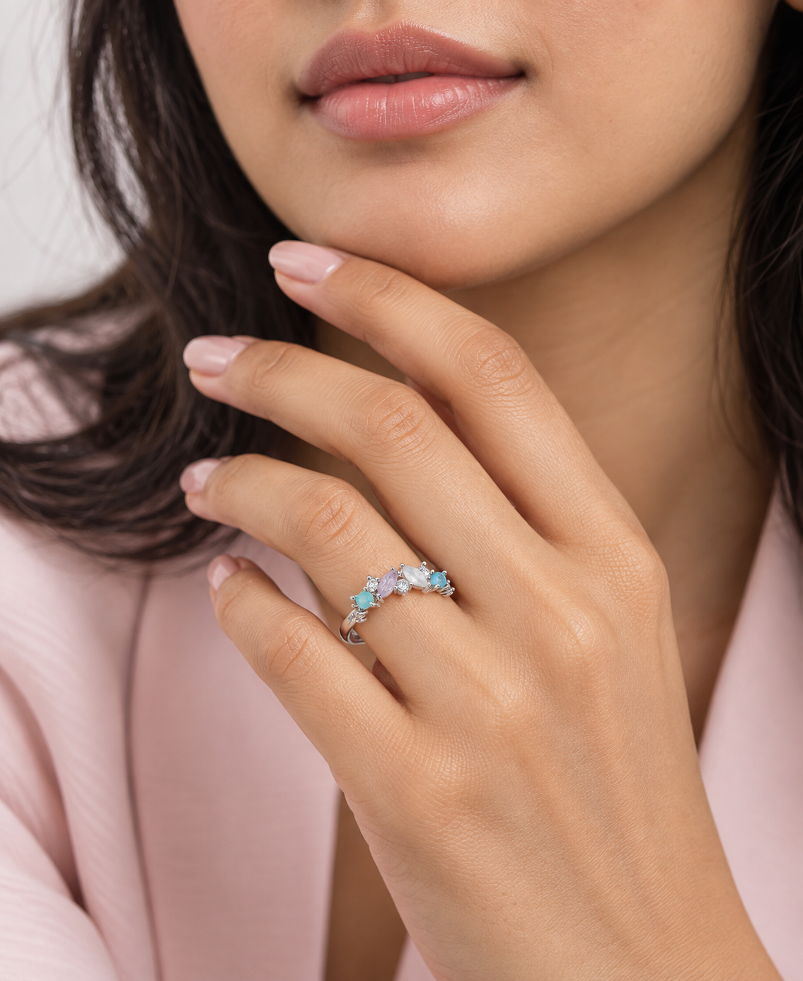 Indaah Aqua Mist silver-tone gemstone ring with aqua blue, lavender, white and clear stones in an asymmetrical design