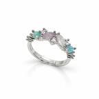 Indaah Aqua Mist silver-tone gemstone ring with aqua blue, lavender, white and clear stones in an asymmetrical design