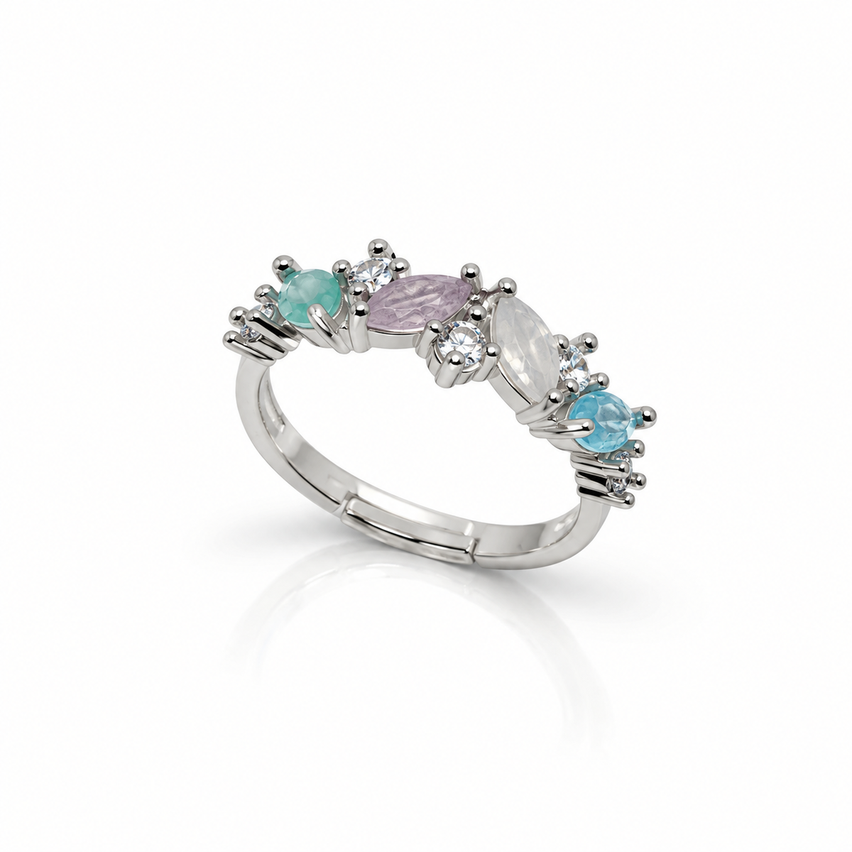 Indaah Aqua Mist silver-tone gemstone ring with aqua blue, lavender, white and clear stones in an asymmetrical design