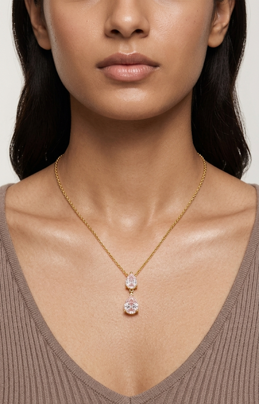 Aura Double Pear Drop Necklace 18K gold plated worn on model
