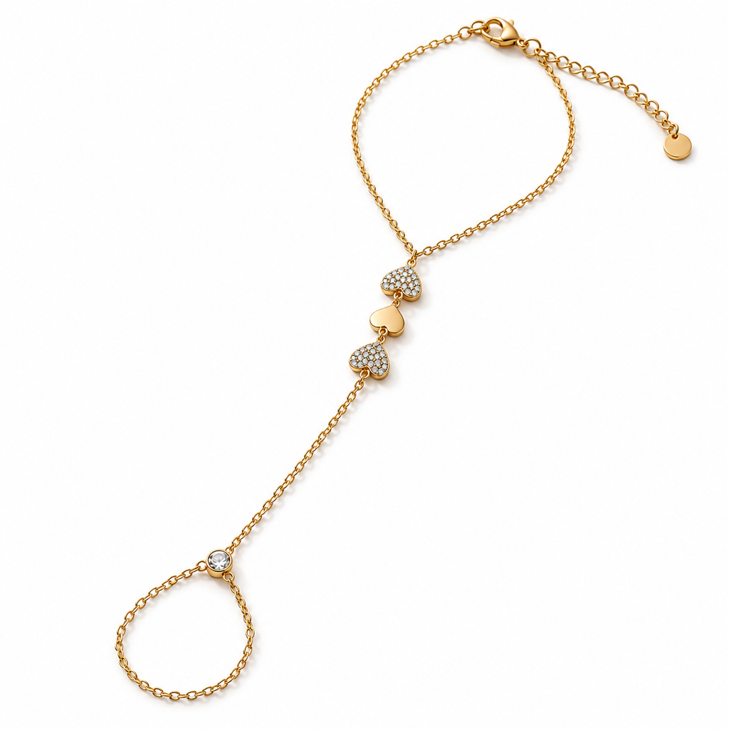 Aurelia gold-tone haathphool hand chain with delicate linked chains, round pavé stone motifs and bezel-set accents styled on a woman's hand by INDAAH.