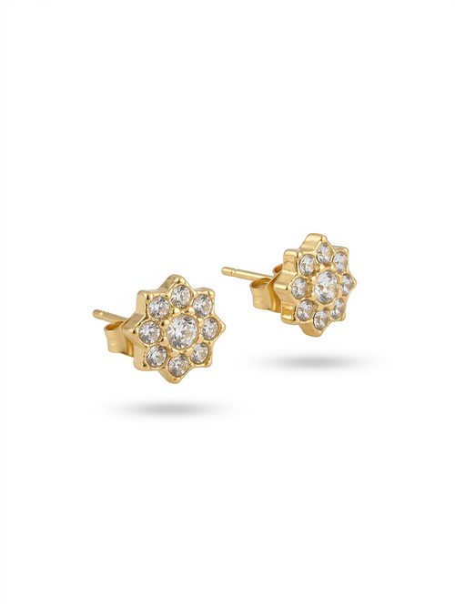 Bloom Studs - pair of gold flower stud earrings with sparkling stone petals