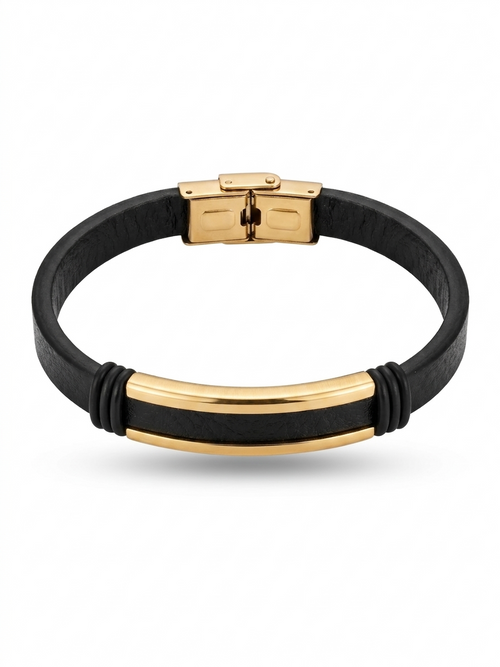 Anti Tarnish 18K Gold Plated Bold Gold & Leather ID Bracelet for Men.