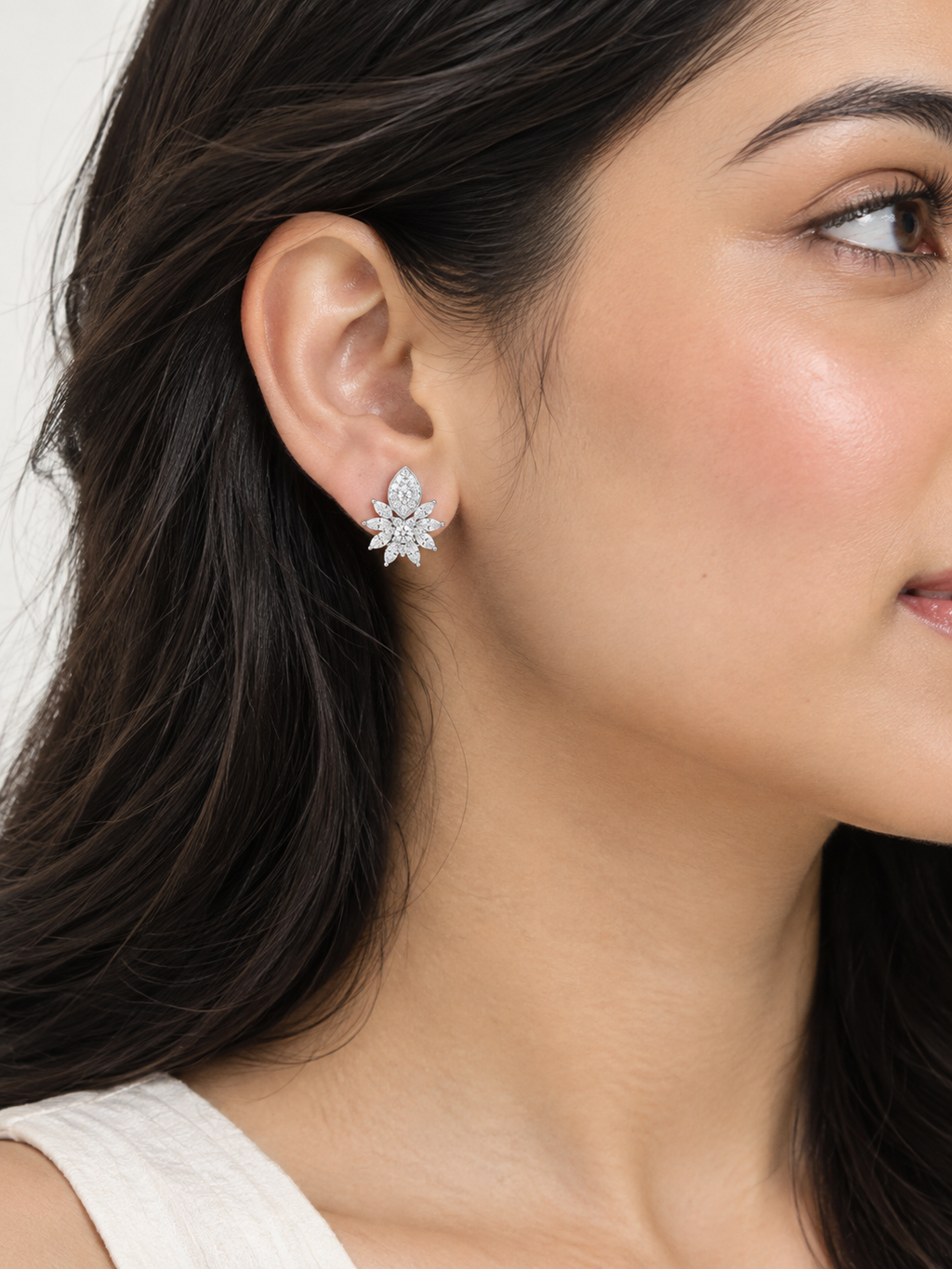 Silver Marquise Floral Cluster Stud Earrings