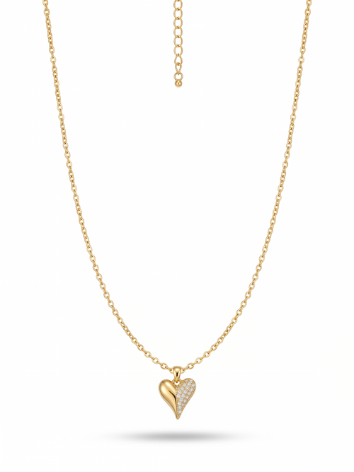 Crystal Half-Pave Heart Pendant Necklace 18K gold plated on model.