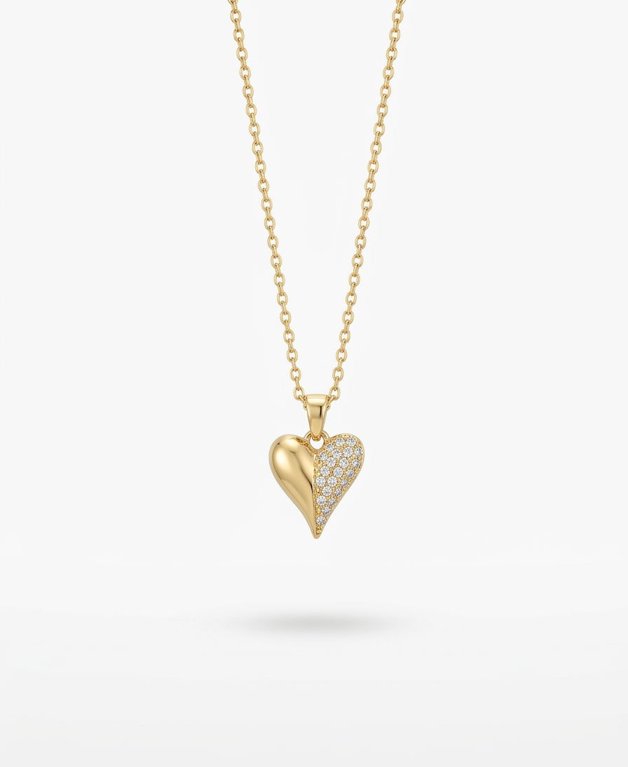 Crystal Half-Pave Heart Pendant Necklace 18K gold plated on model.