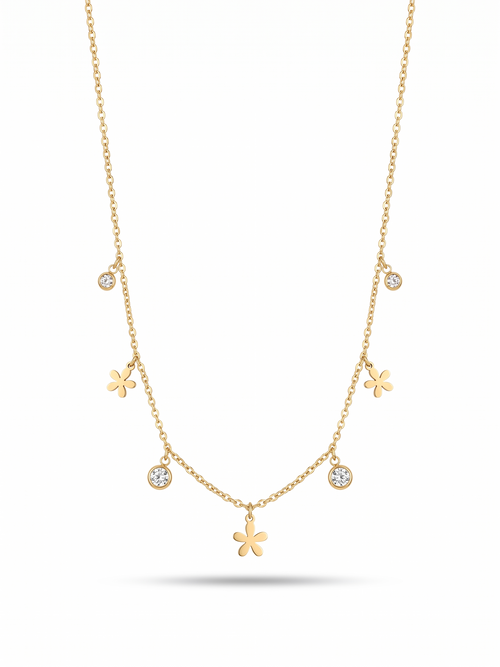 Dainty Floral and Crystal Charm Droplet Necklace 18K gold plated