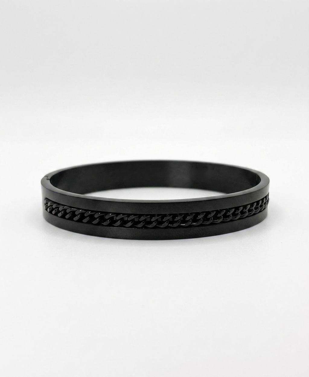 Dark industrial-finish kada bracelet with link detailing for men.