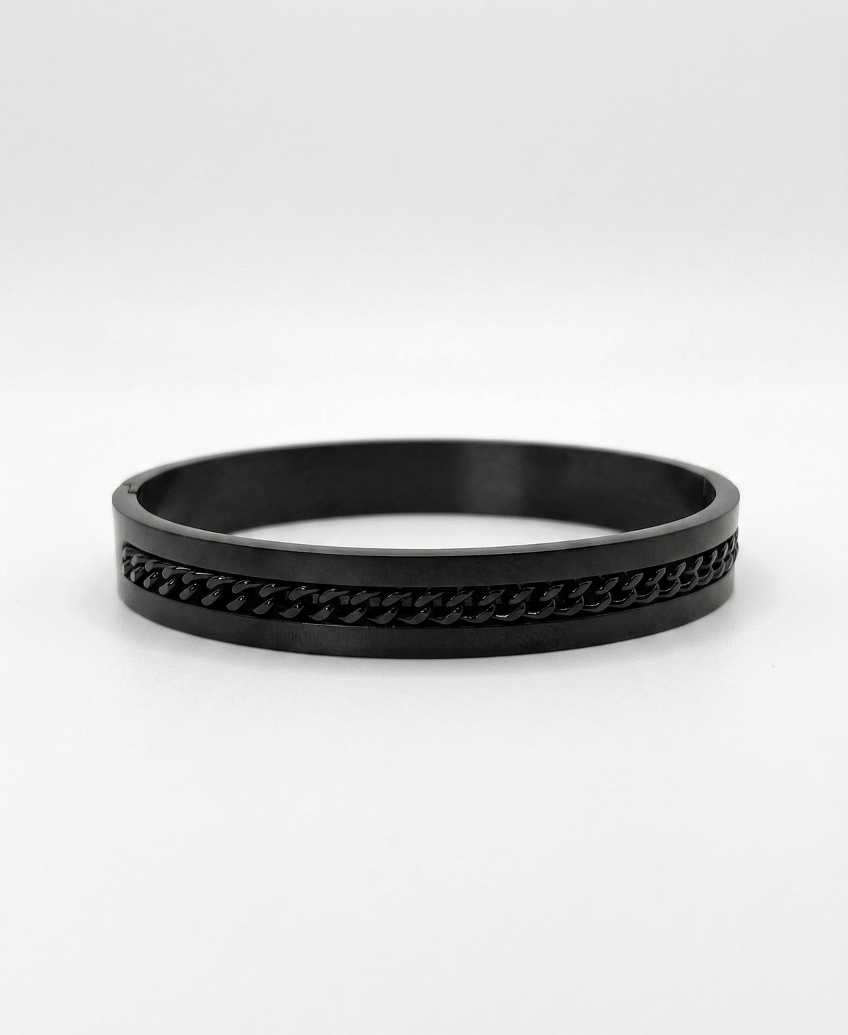 Dark industrial-finish kada bracelet with link detailing for men.