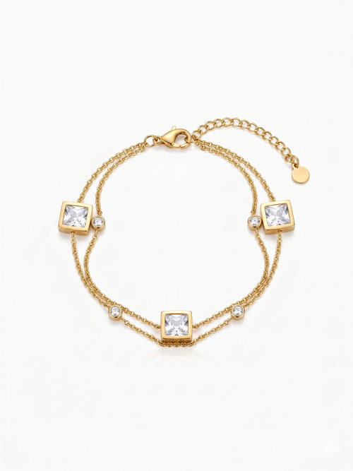 Anti Tarnish 18K Gold Plated Double-Layer Square Zirconia Bracelet for women.