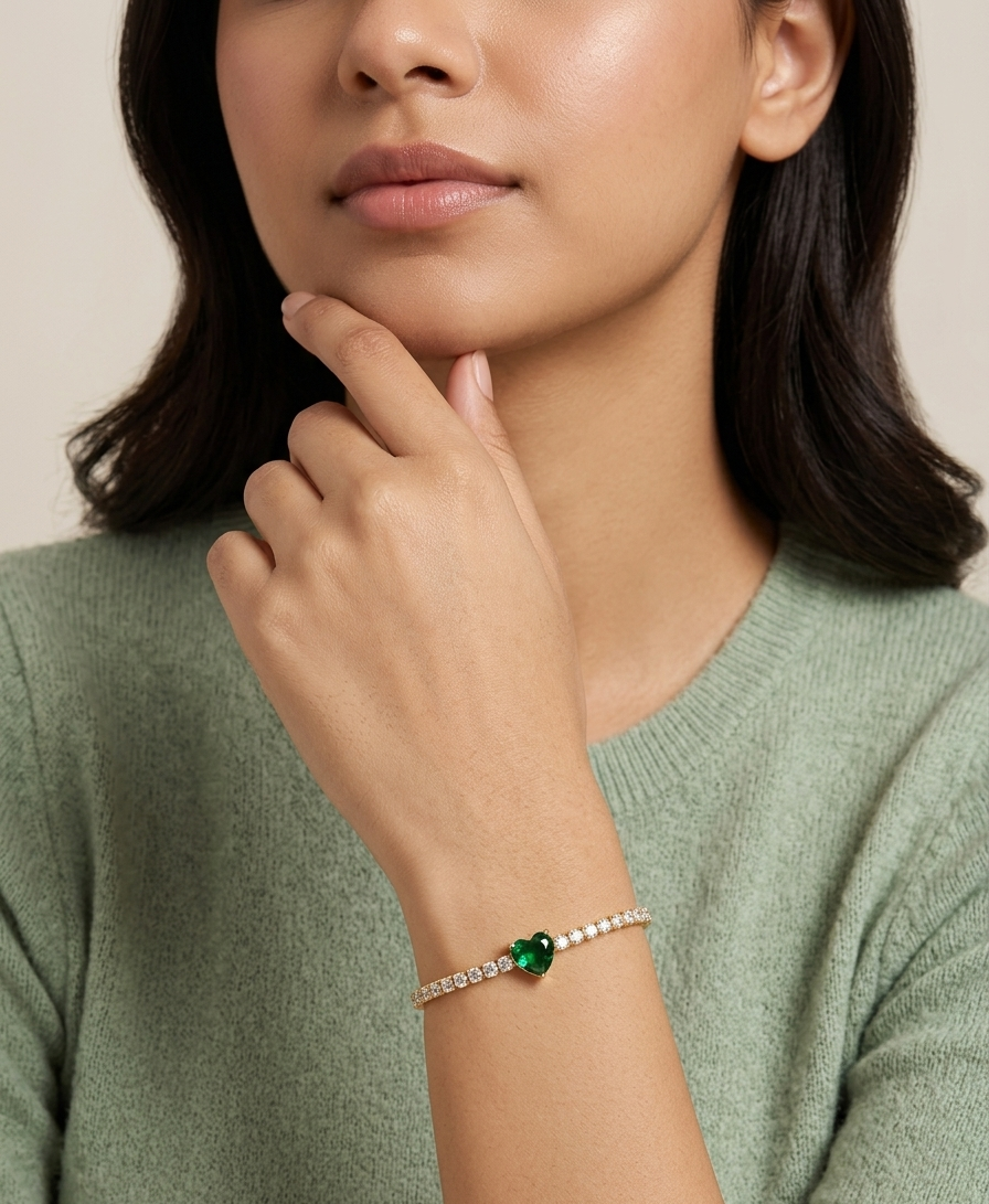 Emerald-green heart-shaped stone tennis bracelet.