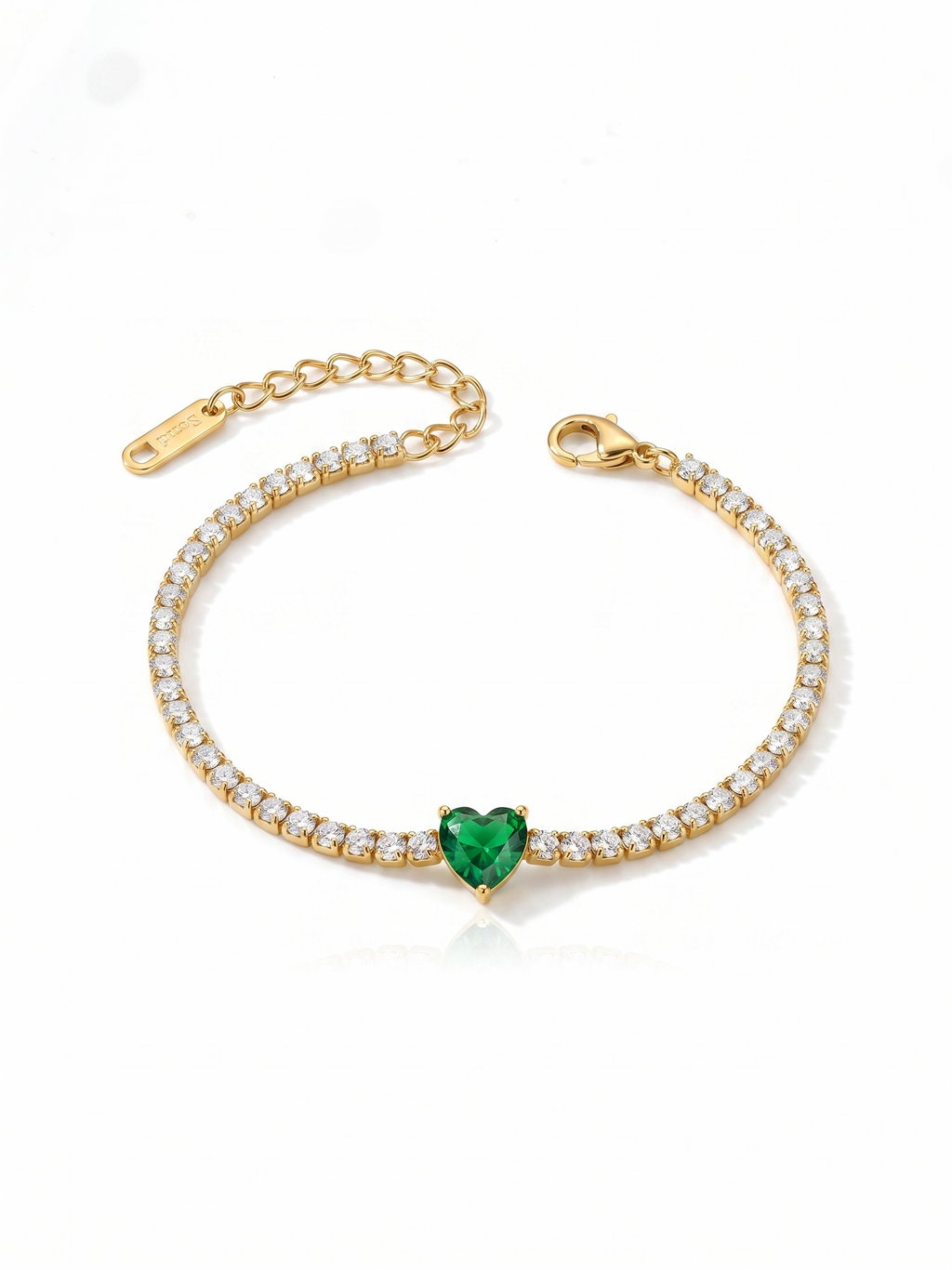 Emerald-green heart-shaped stone tennis bracelet.