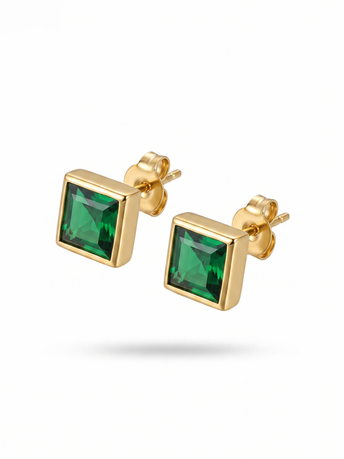Emerald Eden Studs - pair of gold stud earrings with square-cut emerald green stone