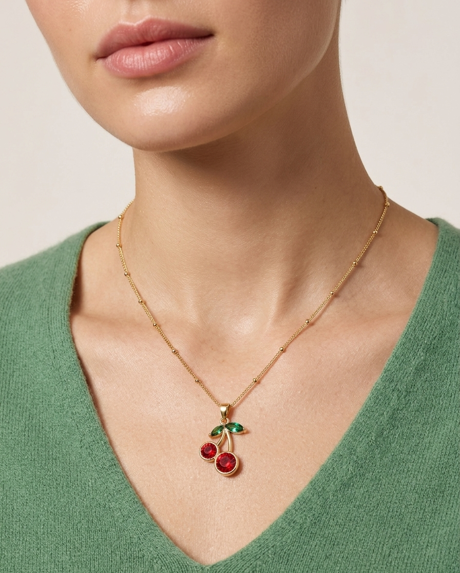 Crystal Cherry Pendant Necklace - 18K Gold Plated