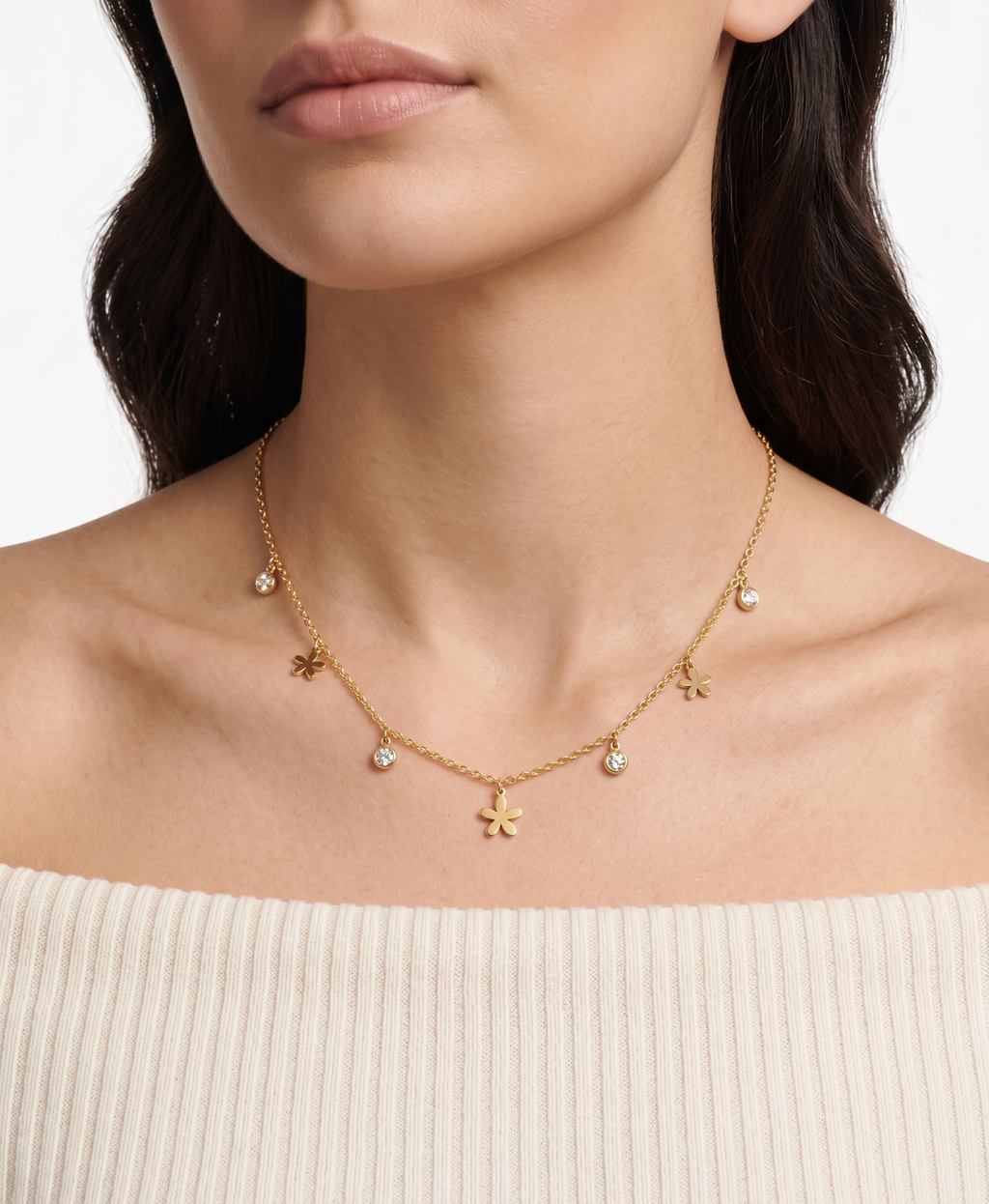 Dainty Floral & Crystal Charm Droplet Necklace - 18K Gold Plated