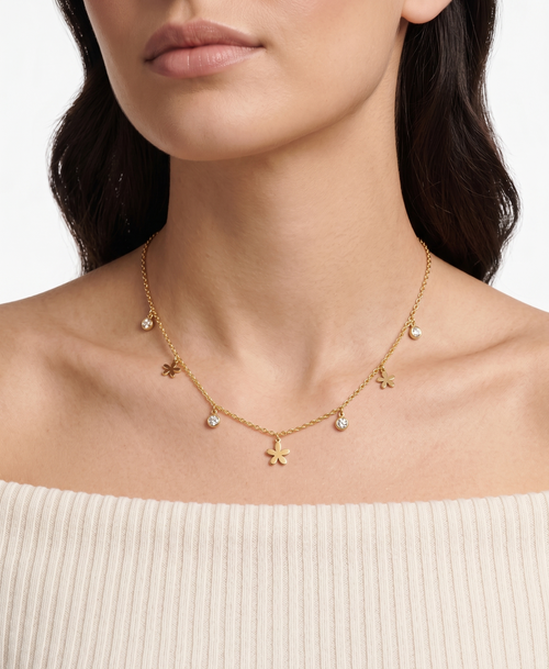 Dainty Floral & Crystal Charm Droplet Necklace - 18K Gold Plated