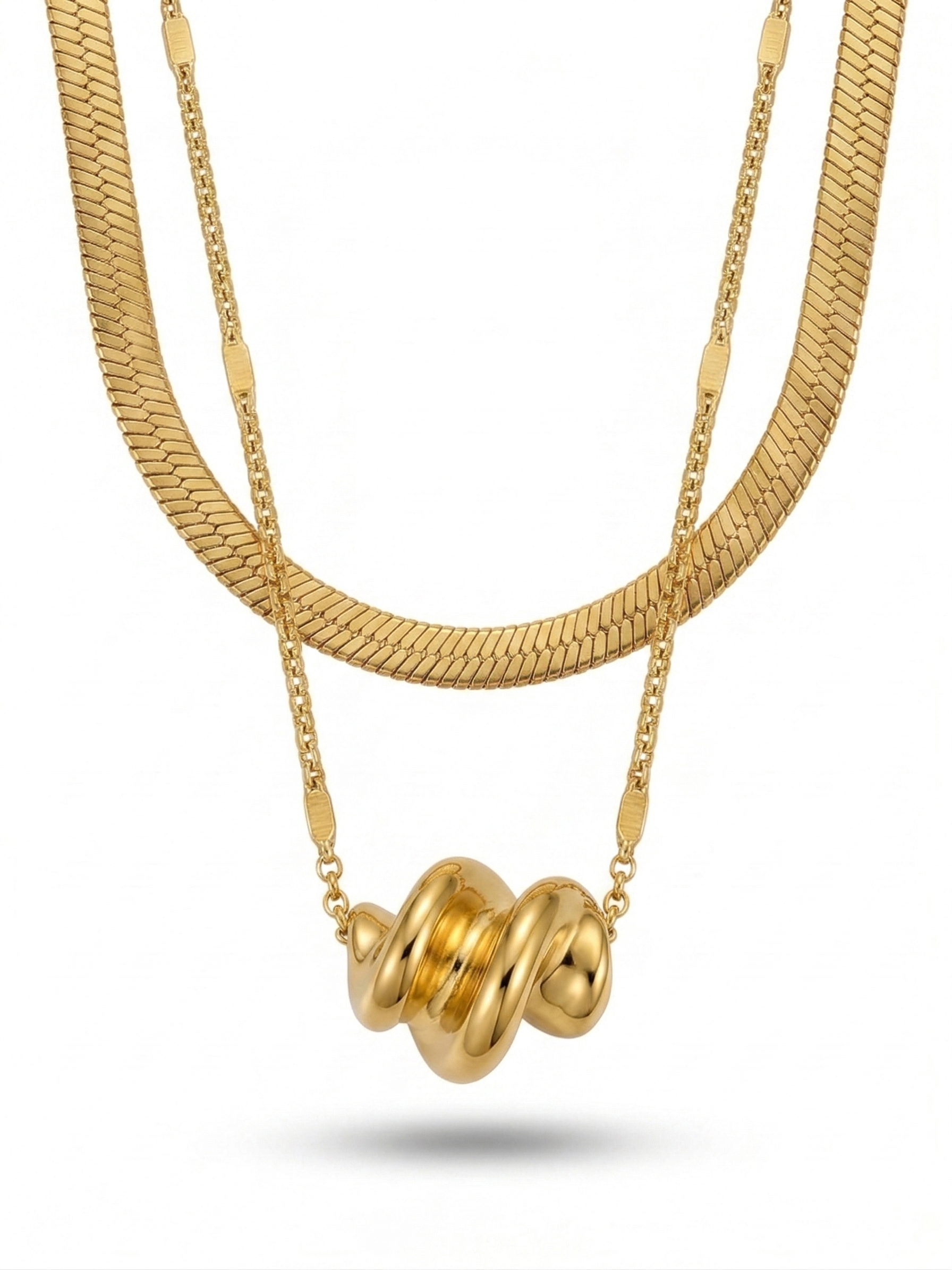 Layered Herringbone and Twisted Knot Pendant Necklace - 18K Gold Plated