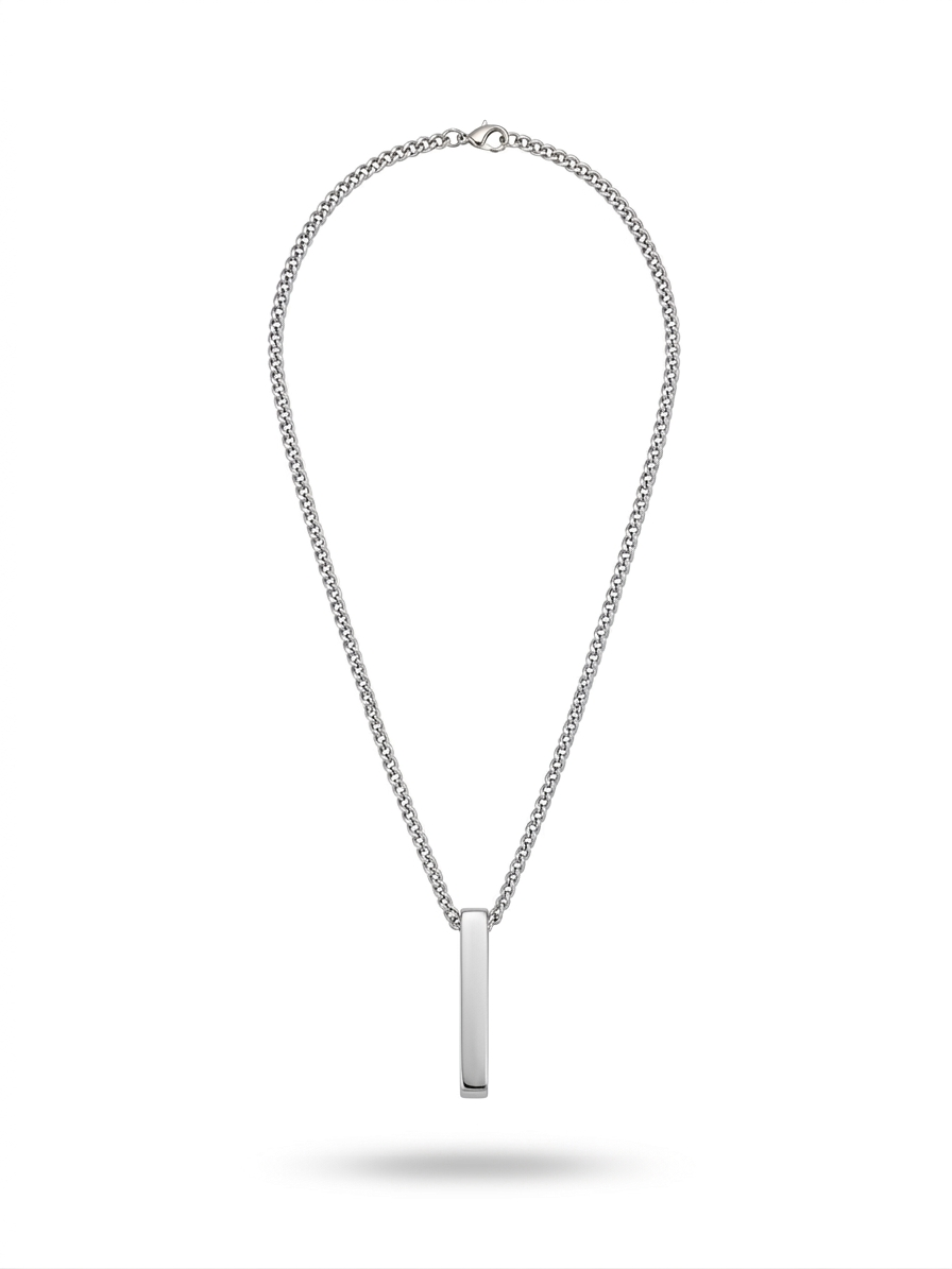Polished Silver Vertical Bar Pendant Necklace