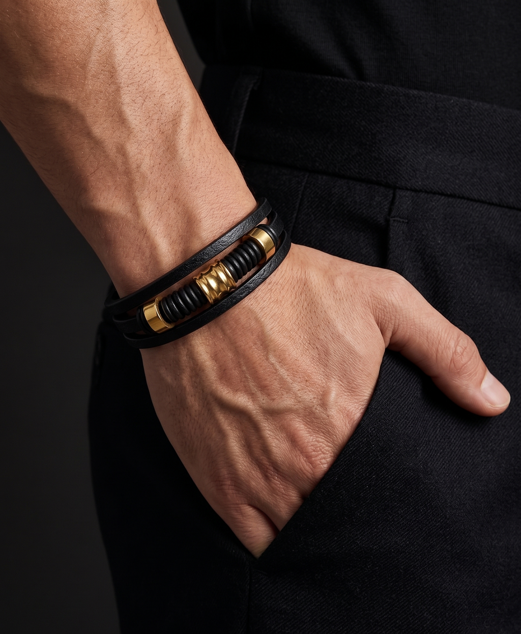 Leather Braid Gold Bar dual-strand Bracelet