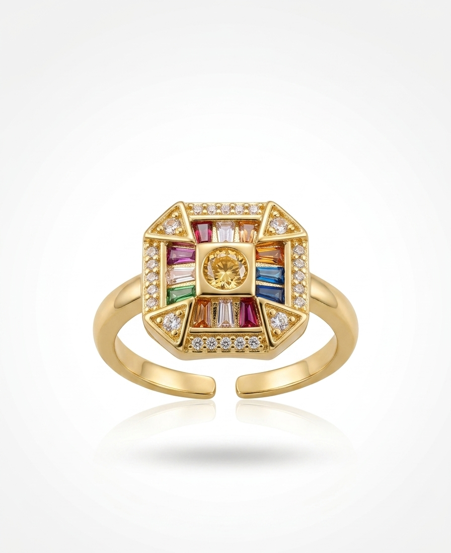 The Art Deco Multicolour Mosaic Adjustable Ring - 18K Gold Plated
